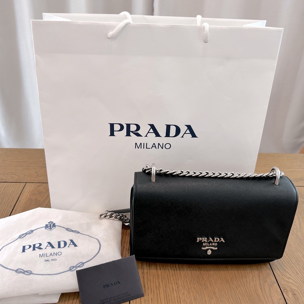Prada Black Leather Crossbody with Silver Chain